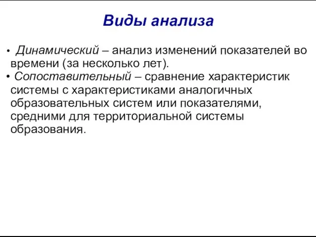 Виды анализа Динамический – анализ изменений показателей во времени (за несколько лет).