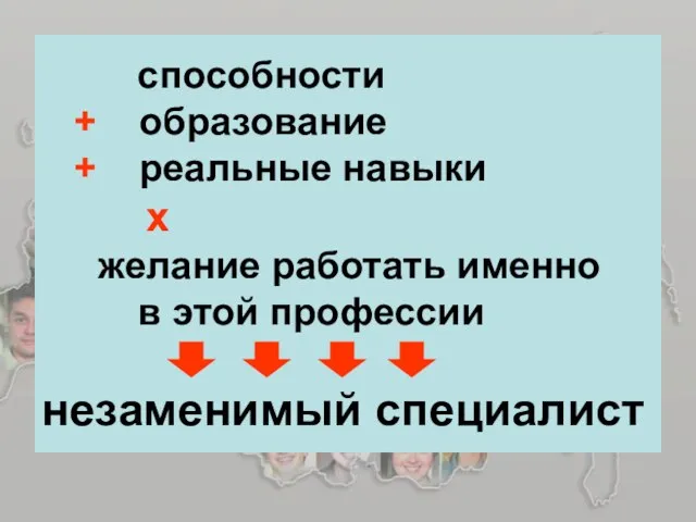 способности + образование + реальные навыки х желание работать именно в этой профессии незаменимый специалист