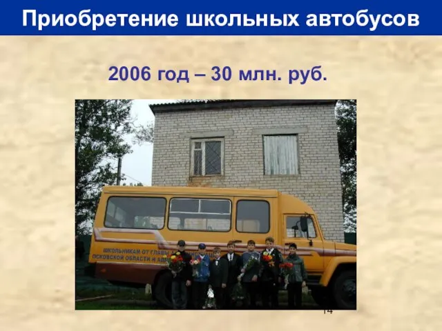 2006 год – 30 млн. руб. Приобретение школьных автобусов