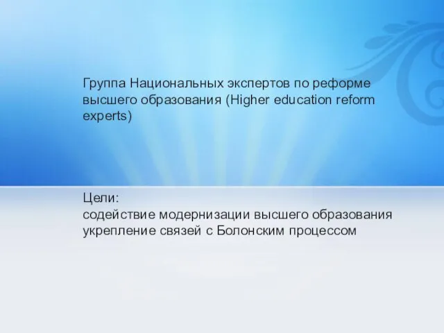 Группа Национальных экспертов по реформе высшего образования (Higher education reform experts) Цели: