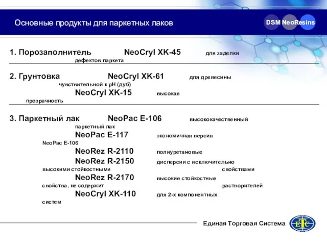 Единая Торговая Система DSM NeoResins Основные продукты для паркетных лаков 1. Порозаполнитель