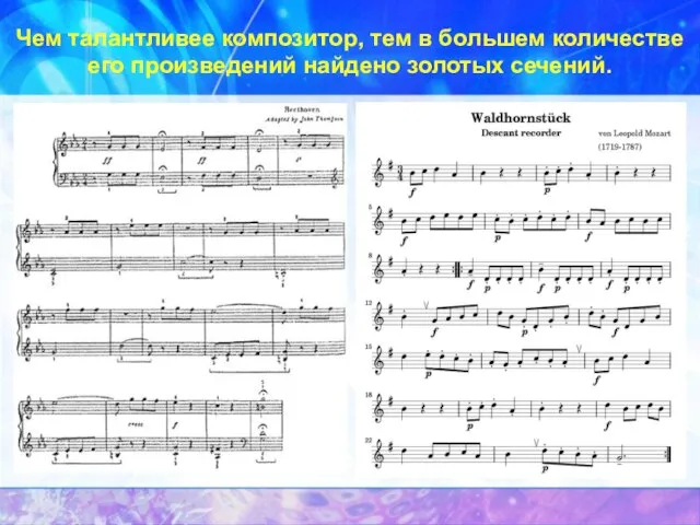 Чем талантливее композитор, тем в большем количестве его произведений найдено золотых сечений.