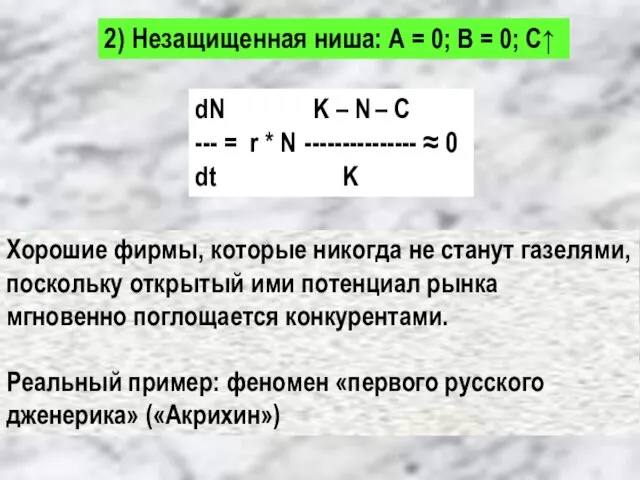 2) Незащищенная ниша: А = 0; В = 0; С↑ Хорошие фирмы,