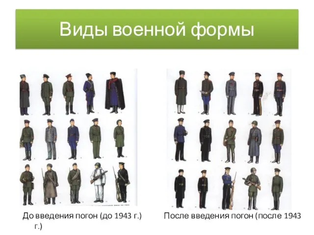 Виды военной формы До введения погон (до 1943 г.) После введения погон (после 1943 г.)
