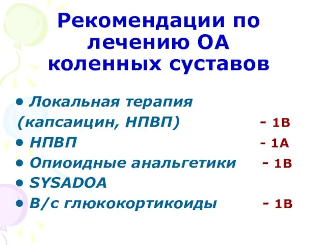 Рекомендации по лечению ОА коленных суставов Локальная терапия (капсаицин, НПВП) - 1B