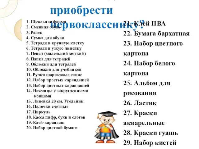 Что необходимо приобрести первокласснику? 1. Школьная форма 2. Сменная обувь 3. Ранец