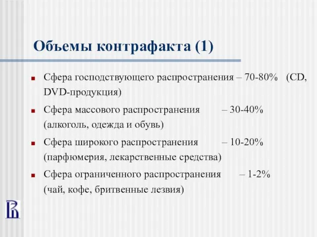 Объемы контрафакта (1) Сфера господствующего распространения – 70-80% (CD, DVD-продукция) Сфера массового