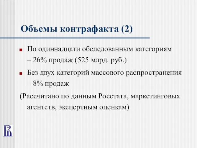 Объемы контрафакта (2) По одиннадцати обследованным категориям – 26% продаж (525 млрд.