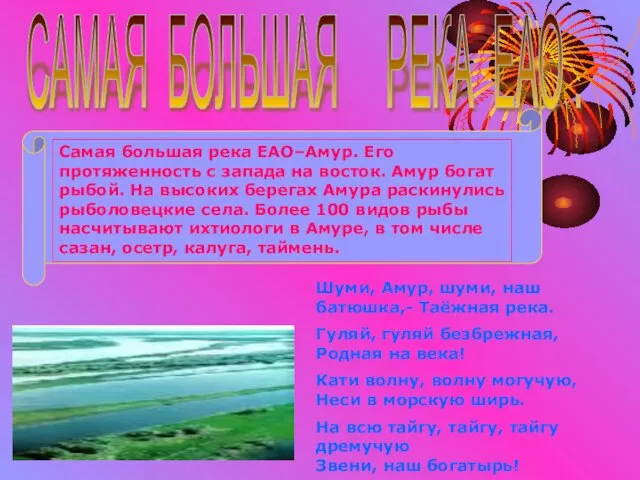 Самая большая река ЕАО–Амур. Его протяженность с запада на восток. Амур богат