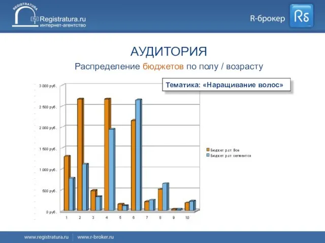 АУДИТОРИЯ Распределение бюджетов по полу / возрасту Тематика: «Наращивание волос»