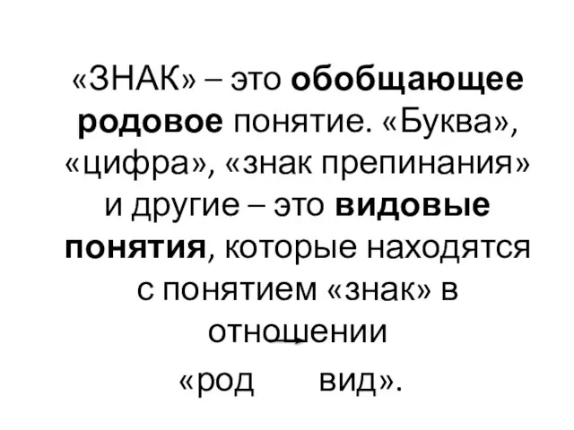 «ЗНАК» – это обобщающее родовое понятие. «Буква», «цифра», «знак препинания» и другие