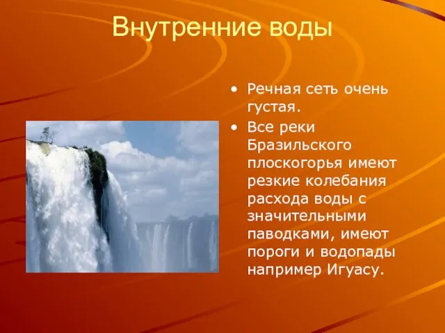 Внутренние воды Речная сеть очень густая. Все реки Бразильского плоскогорья имеют резкие