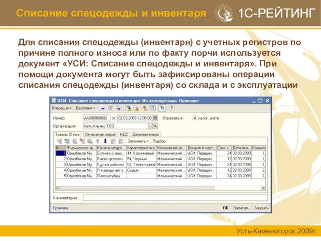 Списание спецодежды и инвентаря Для списания спецодежды (инвентаря) с учетных регистров по