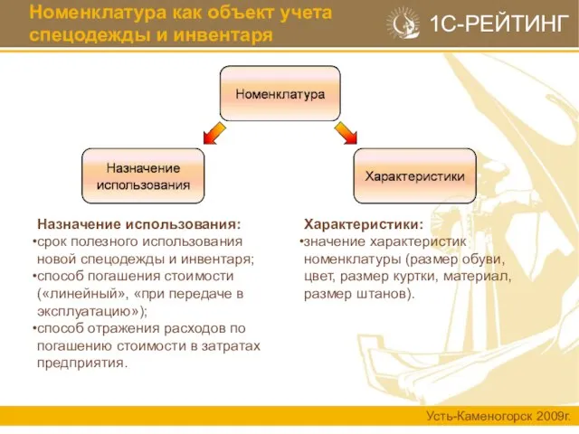 Номенклатура как объект учета спецодежды и инвентаря Назначение использования: срок полезного использования