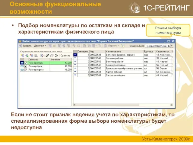 Подбор номенклатуры по остаткам на складе и характеристикам физического лица Основные функциональные