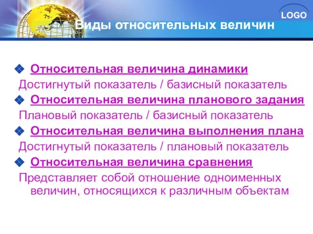 Виды относительных величин Относительная величина динамики Достигнутый показатель / базисный показатель Относительная