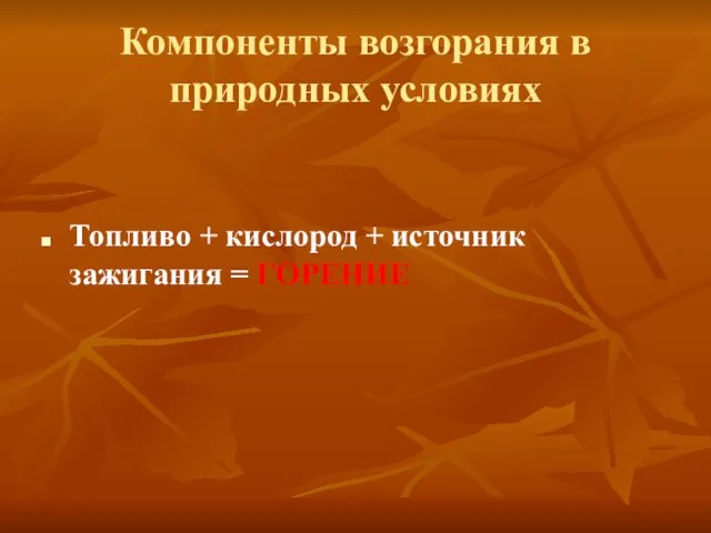 Компоненты возгорания в природных условиях Топливо + кислород + источник зажигания = ГОРЕНИЕ