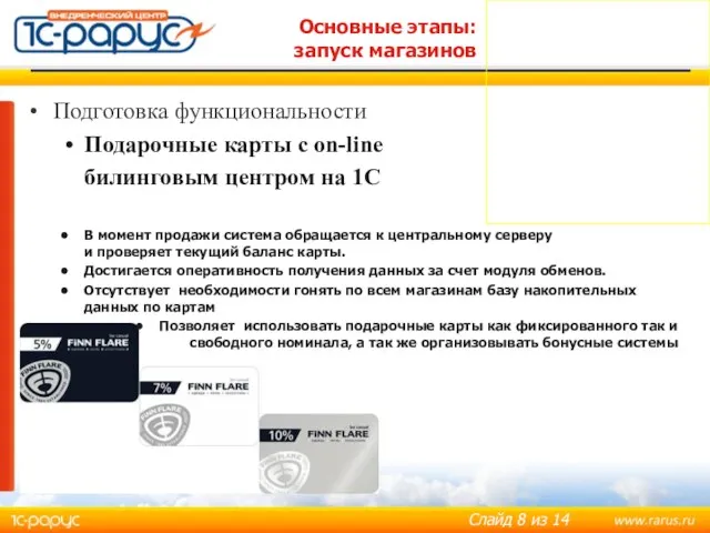 Основные этапы: запуск магазинов Подготовка функциональности Подарочные карты с on-line билинговым центром