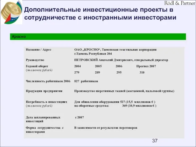 Дополнительные инвестиционные проекты в сотрудничестве с иностранными инвесторами Кросно