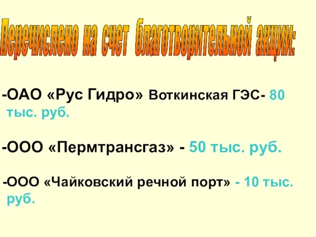 Перечислено на счет благотворительной акции: ОАО «Рус Гидро» Воткинская ГЭС- 80 тыс.