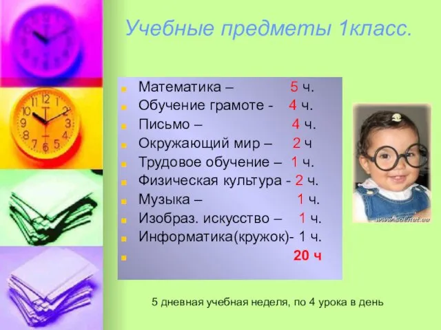 Учебные предметы 1класс. Математика – 5 ч. Обучение грамоте - 4 ч.