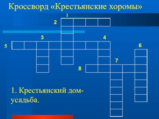 Кроссворд «Крестьянские хоромы» 1 5 1. Крестьянский дом- усадьба.