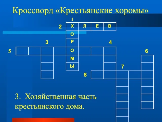 Кроссворд «Крестьянские хоромы» 1 5 3. Хозяйственная часть крестьянского дома.