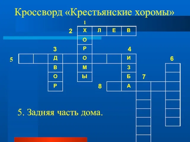 Кроссворд «Крестьянские хоромы» 1 5 5. Задняя часть дома.