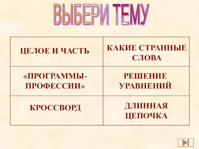 ВЫБЕРИ ТЕМУ ЦЕЛОЕ И ЧАСТЬ РЕШЕНИЕ УРАВНЕНИЙ КРОССВОРД ДЛИННАЯ ЦЕПОЧКА «ПРОГРАММЫ-ПРОФЕССИИ» КАКИЕ СТРАННЫЕ СЛОВА