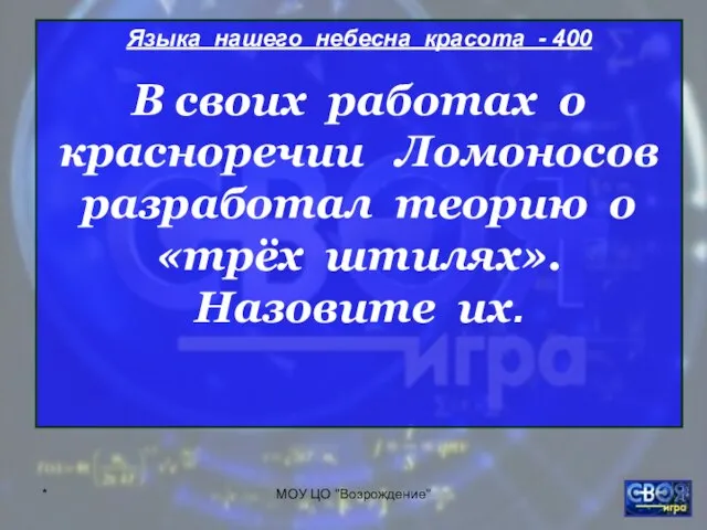 * МОУ ЦО "Возрождение" Языка нашего небесна красота - 400 В своих