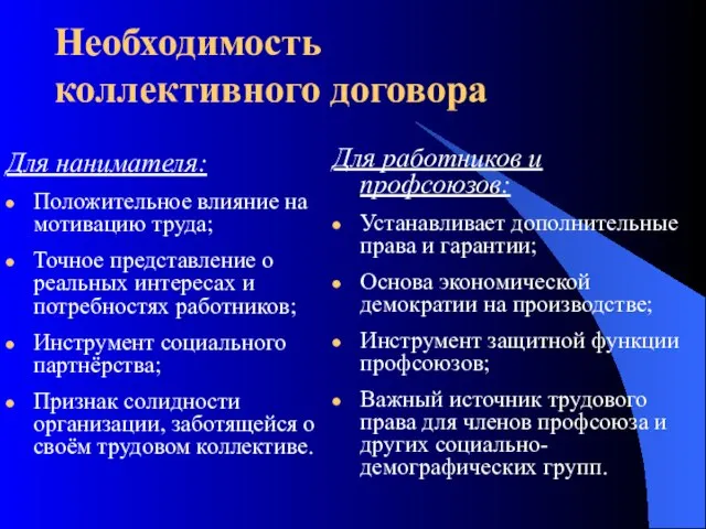 Необходимость коллективного договора Для нанимателя: Положительное влияние на мотивацию труда; Точное представление