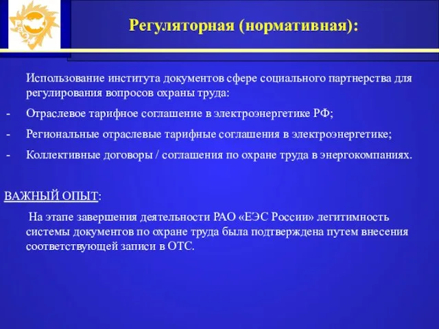 Регуляторная (нормативная): Использование института документов сфере социального партнерства для регулирования вопросов охраны