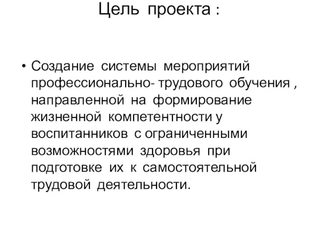 Цель проекта : Создание системы мероприятий профессионально- трудового обучения , направленной на