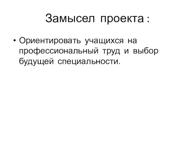 Замысел проекта : Ориентировать учащихся на профессиональный труд и выбор будущей специальности.