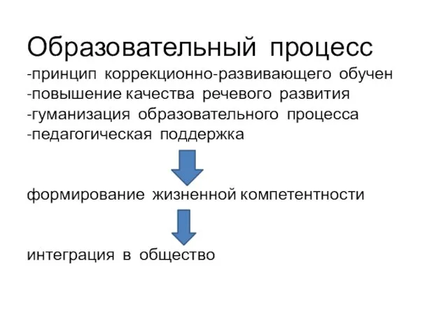 Образовательный процесс -принцип коррекционно-развивающего обучен -повышение качества речевого развития -гуманизация образовательного процесса