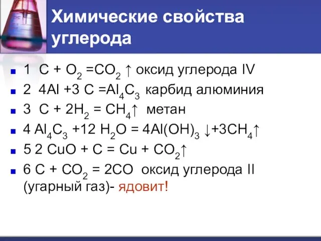 Химические свойства углерода 1 C + O2 =CO2 ↑ оксид углерода IV