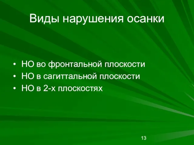 Виды нарушения осанки НО во фронтальной плоскости НО в сагиттальной плоскости НО в 2-х плоскостях