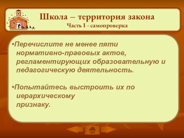 Школа – территория закона Часть I - самопроверка Перечислите не менее пяти