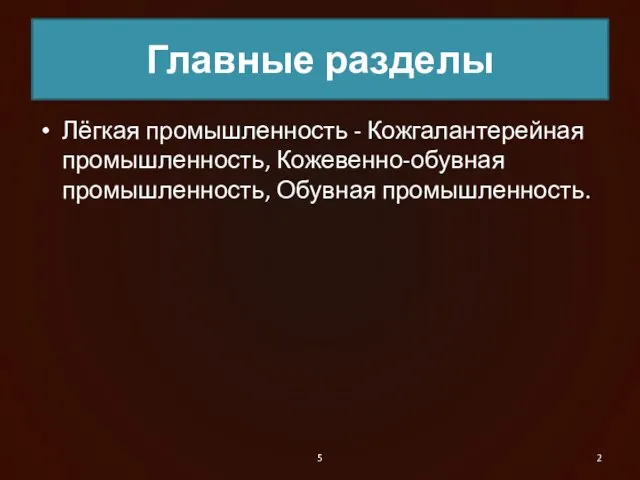 Главные разделы Лёгкая промышленность - Кожгалантерейная промышленность, Кожевенно-обувная промышленность, Обувная промышленность. 5