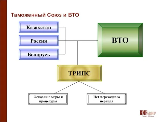 Таможенный Союз и ВТО Казахстан Россия Беларусь ВТО ТРИПС Основные меры и процедуры Нет переходного периода