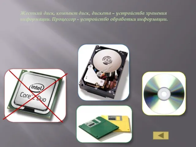Жесткий диск, компакт диск, дискета – устройства хранения информации. Процессор - устройство обработки информации.