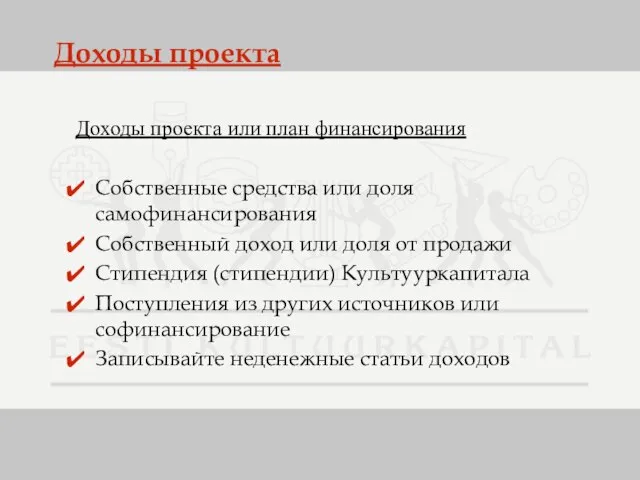 Доходы проекта Доходы проекта или план финансирования Собственные средства или доля самофинансирования