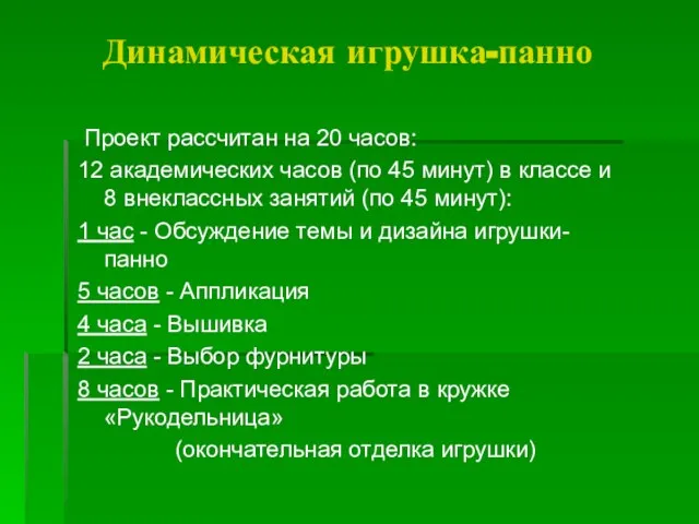 Проект рассчитан на 20 часов: 12 академических часов (по 45 минут) в