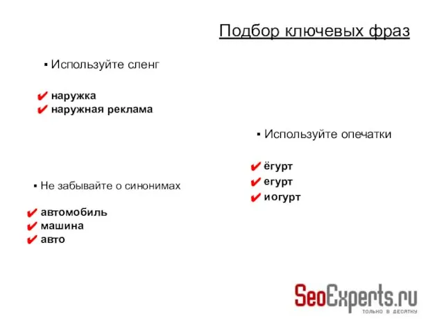 Подбор ключевых фраз Используйте сленг наружка наружная реклама Не забывайте о синонимах