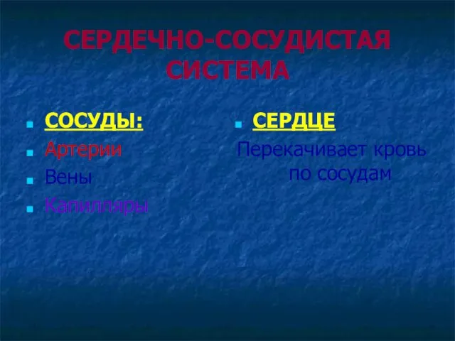 СЕРДЕЧНО-СОСУДИСТАЯ СИСТЕМА СОСУДЫ: Артерии Вены Капилляры СЕРДЦЕ Перекачивает кровь по сосудам