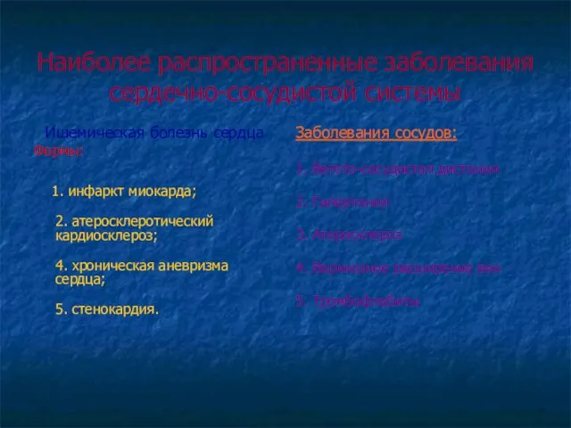 Наиболее распространенные заболевания сердечно-сосудистой системы Ишемическая болезнь сердца Формы: 1. инфаркт миокарда;