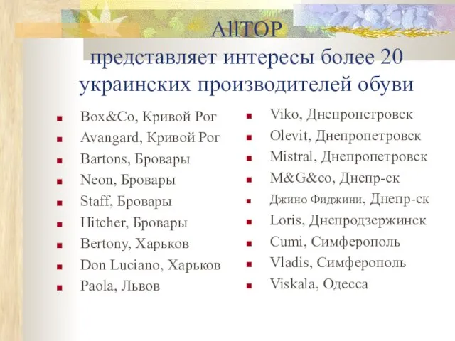 AllTOP представляет интересы более 20 украинских производителей обуви Box&Co, Кривой Рог Avangard,