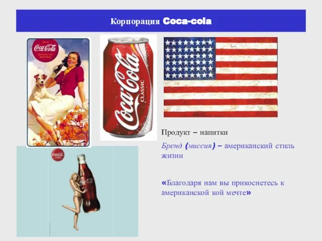 Корпорация Coca-cola Продукт – напитки Бренд (миссия) – американский стиль жизни «Благодаря