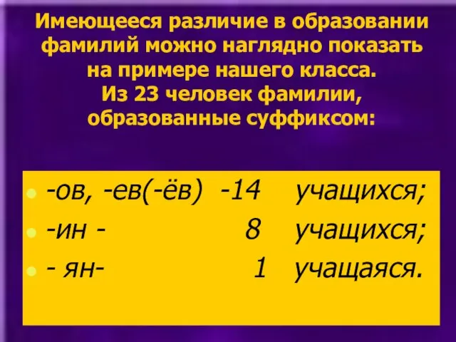 Имеющееся различие в образовании фамилий можно наглядно показать на примере нашего класса.