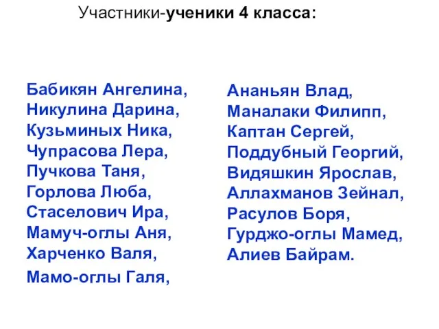 Участники-ученики 4 класса: Бабикян Ангелина, Никулина Дарина, Кузьминых Ника, Чупрасова Лера, Пучкова